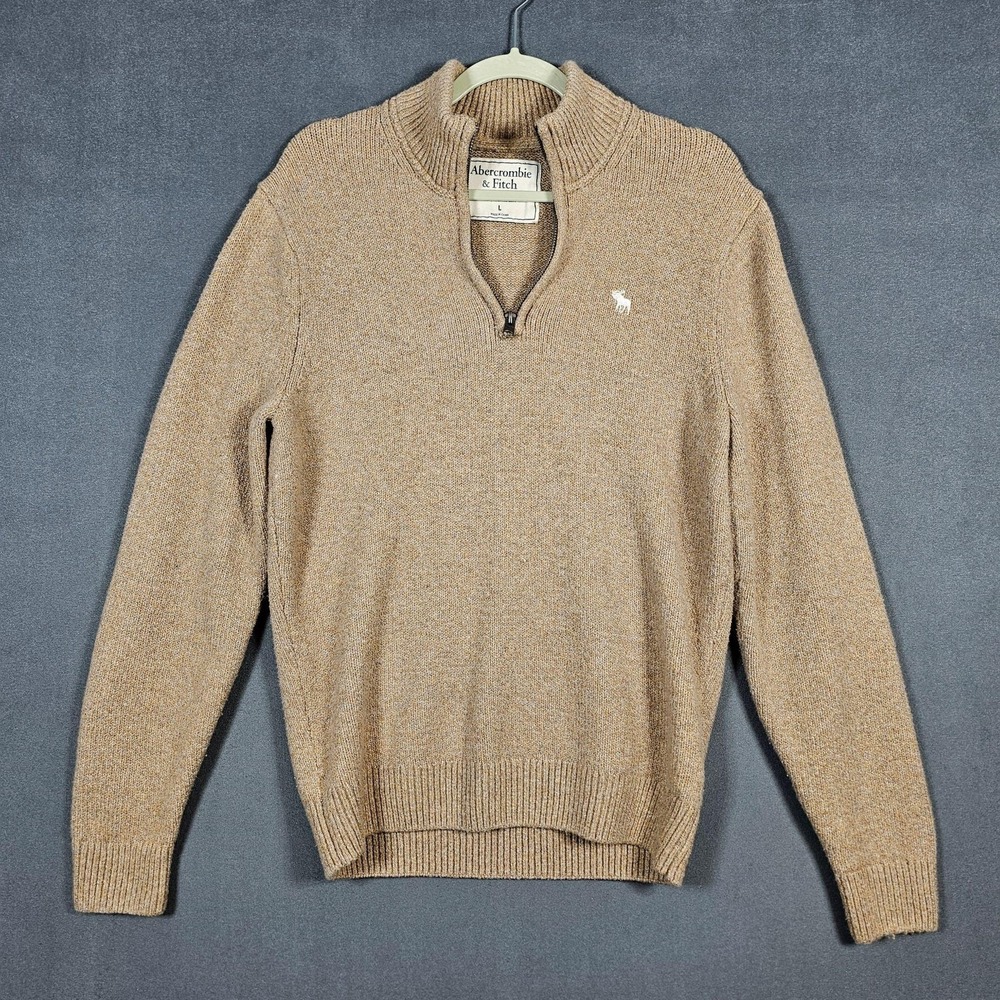 Abercrombie & Fitch Sweater Mens Large Beige 1/4 Zip Mock Neck Pullover Knit